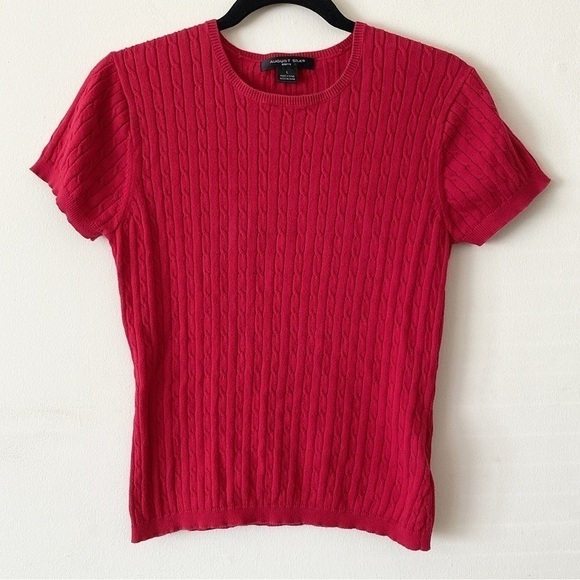 August Silk Sweater Knit Red Circle Neck Short Sleeve Tee Shirt Office/Formal - Picture 1 of 3
